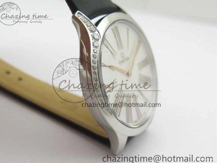 0811 Ladies’ De Ville Trésor Diamond SS 3AF 1:1 Best Edition White MOP Dial RG Markers On Black Fabric strap Swiss Quartz Comfortable 7884